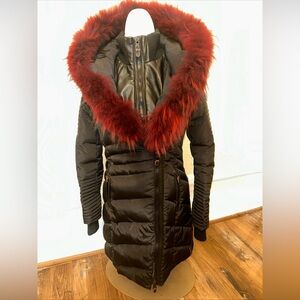 Nicole Benisti Black Puffer Jacket with Red Fur Hood XS